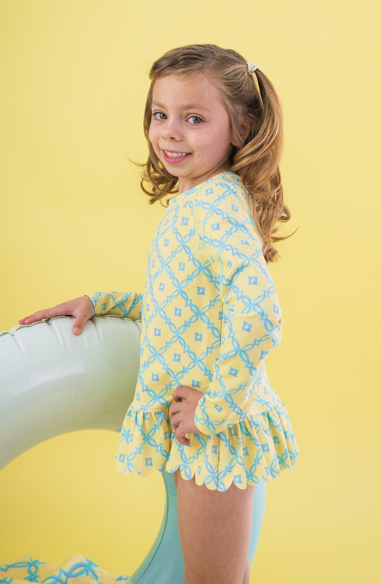 RuffleButts Kids' Banana Coastal Ruffle Long Sleeve Skirted UPF 50+ Rashguard, Alternate, color, Yellow