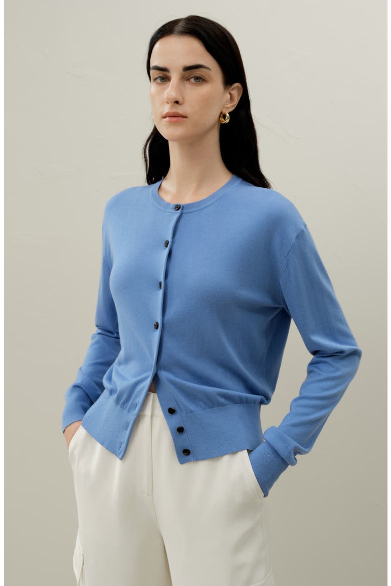 Women's Round-Neck Silk Cashmere Cardigan, Alternate, color, Azure