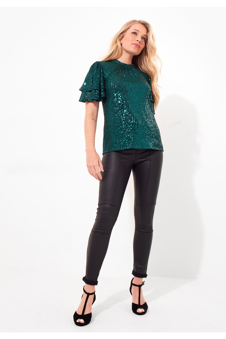 Short Flutter Sleeve Sequin Top, Alternate, color, EMERALD SEQUIN