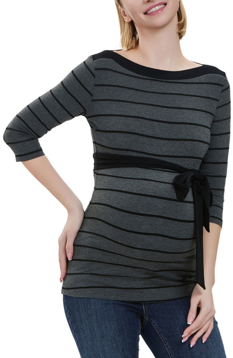Kimi & Kai Maternity Striped Boat Neck Top, Main, color, Gray