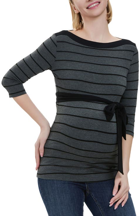 Maternity Striped Boat Neck Top