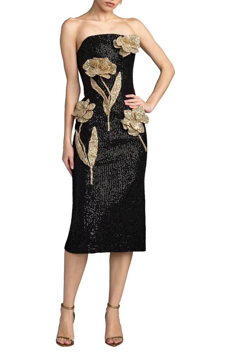 Strapless Fitted Sequin Midi Dress With 3D Flowers, Main, color, Black Gold