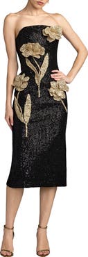 Mac Duggal Strapless Fitted Sequin Midi Dress With 3D Flowers