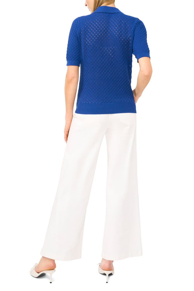 Pointelle Short Sleeve Cotton Polo Sweater, Alternate, color, OCEAN WAVES