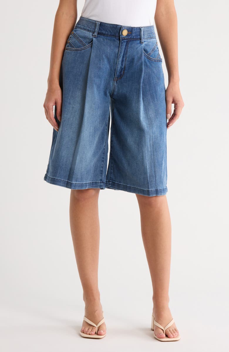 Democracy Pleated Long Denim Shorts, Main, color, Mid Blue