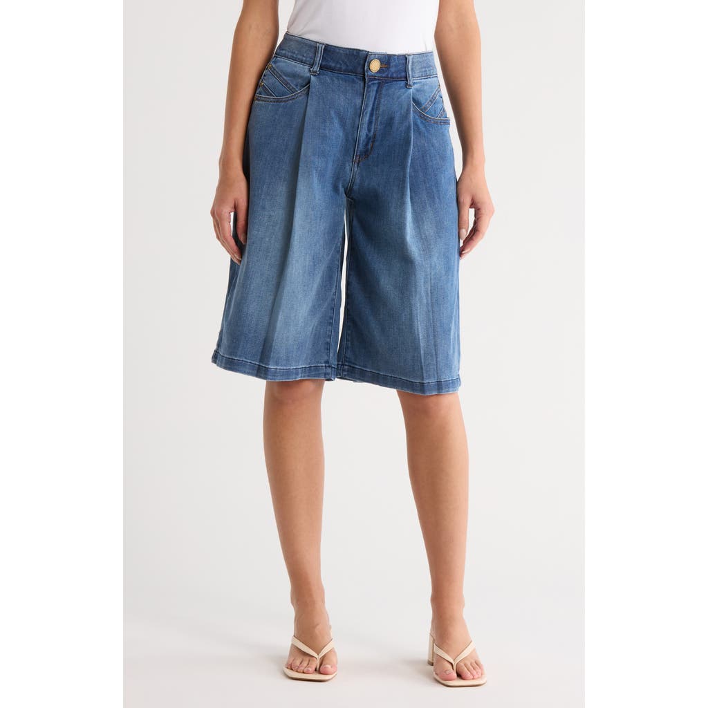 Democracy Pleated Long Denim Shorts In Blue