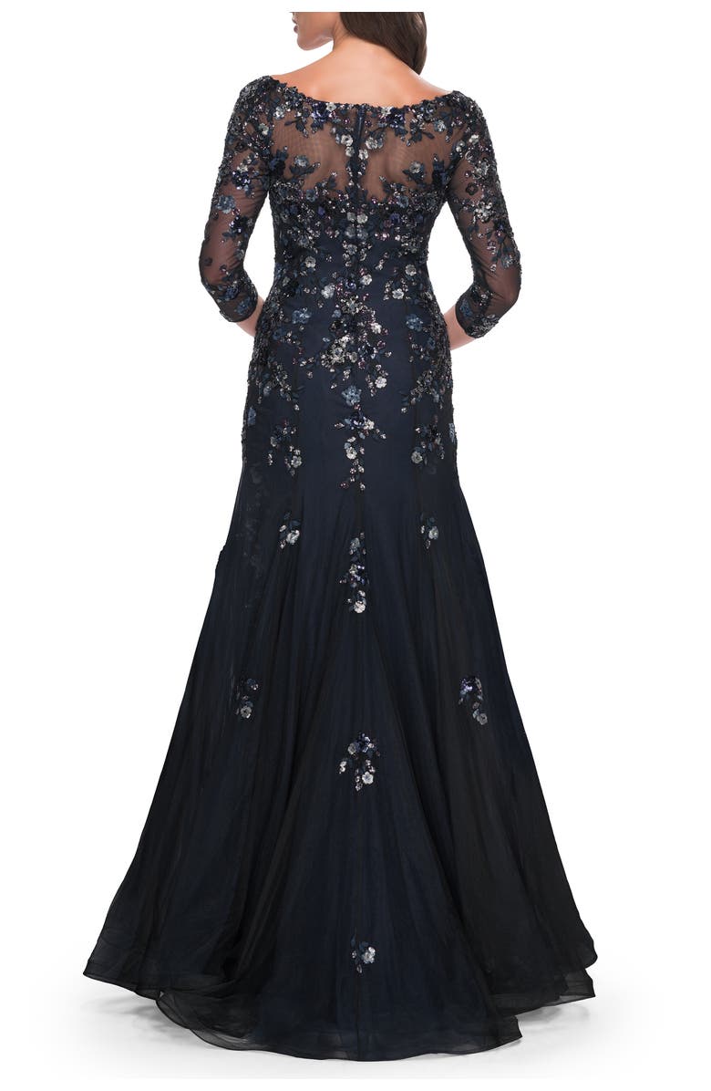 La Femme Mermaid Lace Applique Gown with V Neckline and Sleeves, Alternate, color, Black/Navy