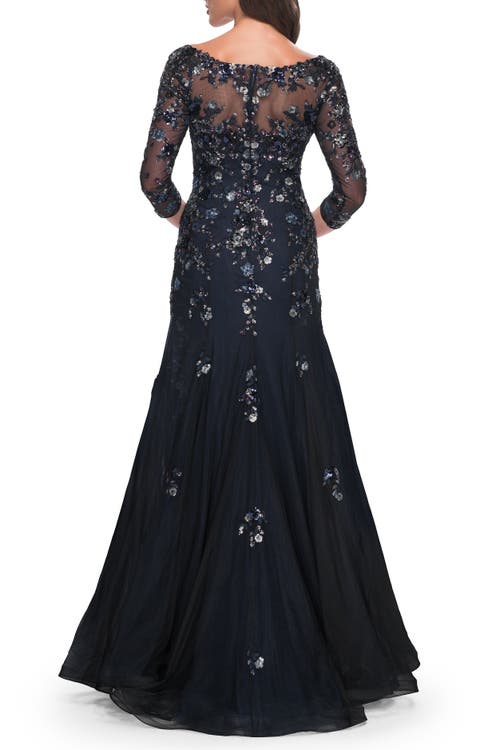 La Femme Mermaid Lace Applique Gown With V Neckline And Sleeves In Black/navy