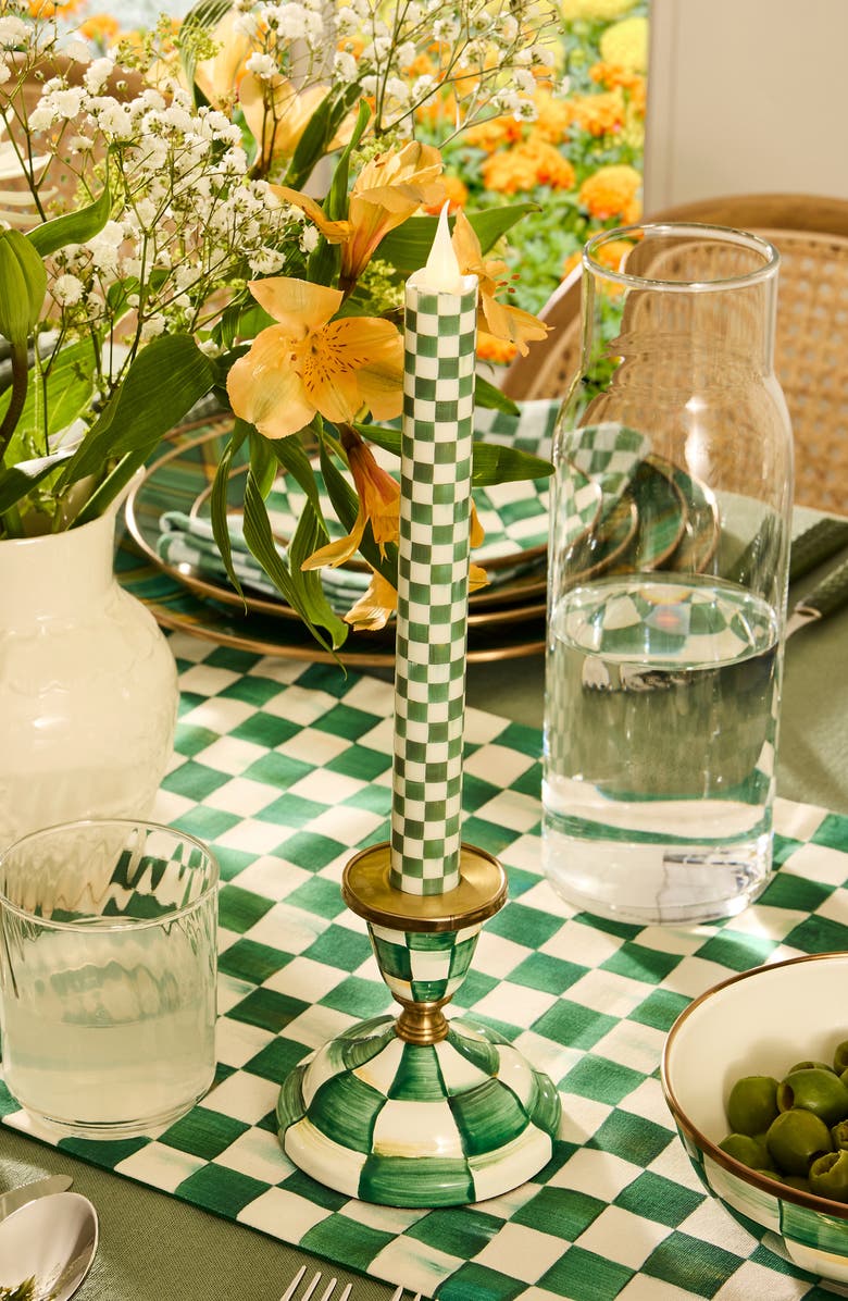 MACKENZIE CHILDS Set of 2 Emerald Check Flameless Dinner Candles, Alternate, color, Emerald