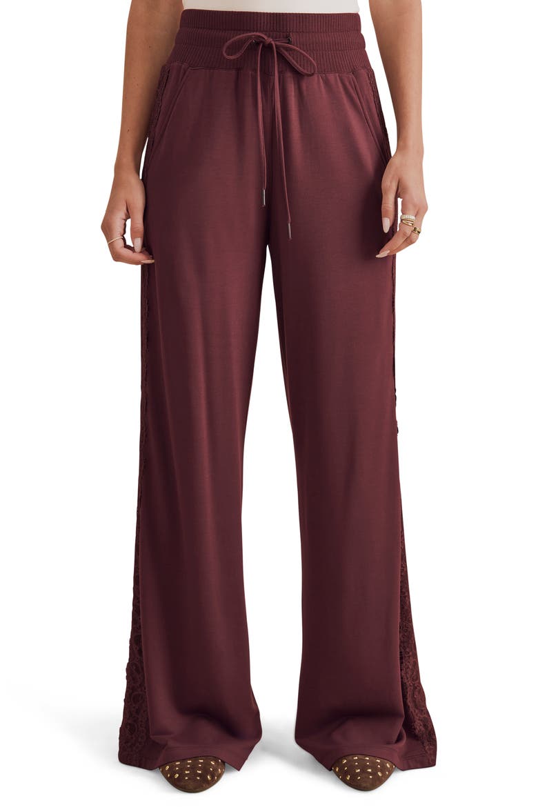 Lace Trim Drawstring Pants, Main, color, MERLOT BURGUNDY