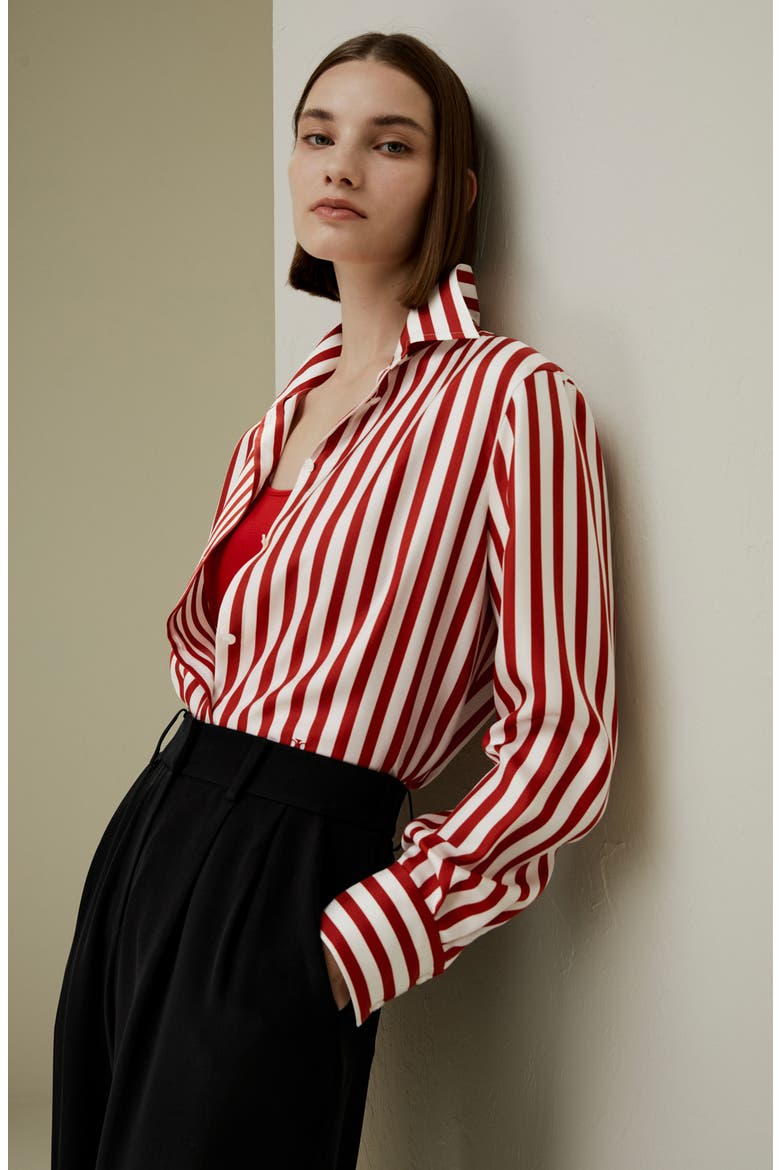 Women's Classic Striped Silk Shirt, Alternate, color, Red White Pinstripes