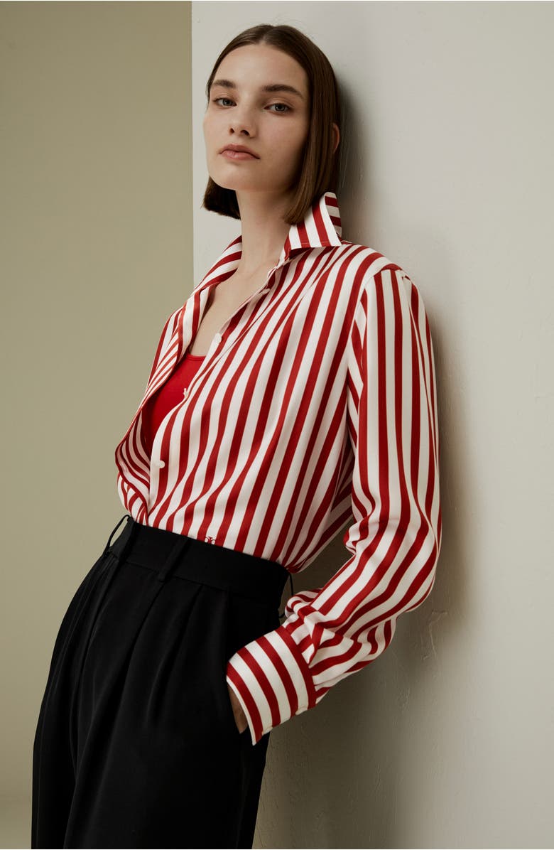 Lilysilk Women's Classic Striped Silk Shirt, Alternate, color, Red White Pinstripes
