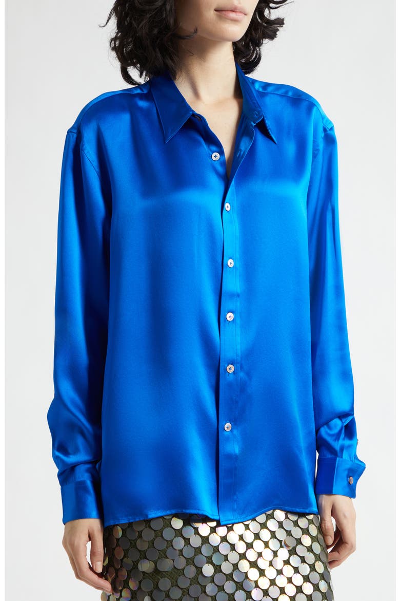 Jimmy Solid Silk Satin Button-Up Shirt, Alternate, color, COBALT