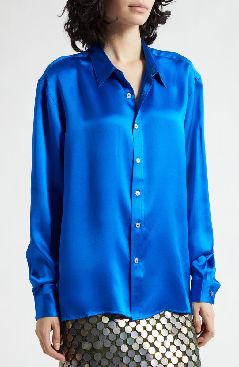 ZANKOV Jimmy Solid Silk Satin Button-Up Shirt, Alternate, color, Cobalt
