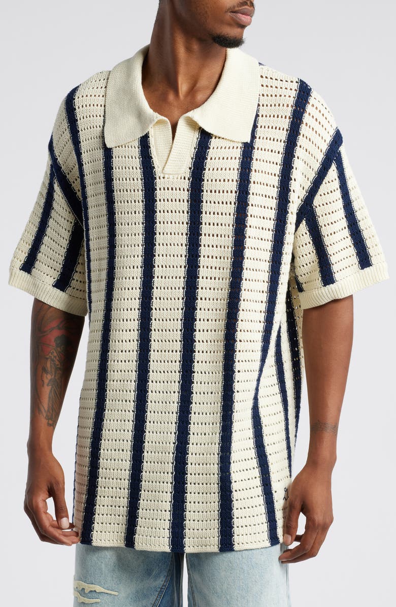 DIET STARTS MONDAY Stripe Open Knit Polo Sweater, Main, color, 