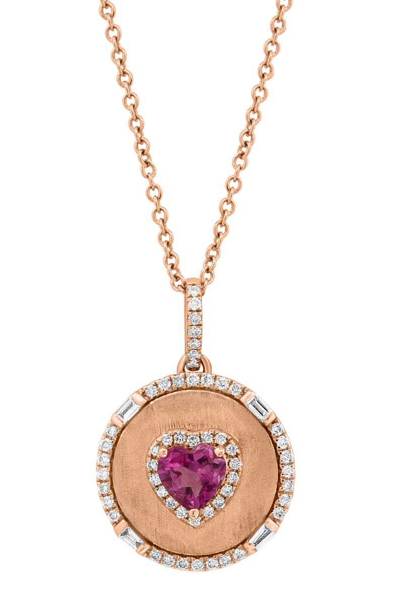 EFFY 14K Rose Gold Pink Tourmaline & Diamond Disc Pendant Necklace, Main, color, Rose Gold