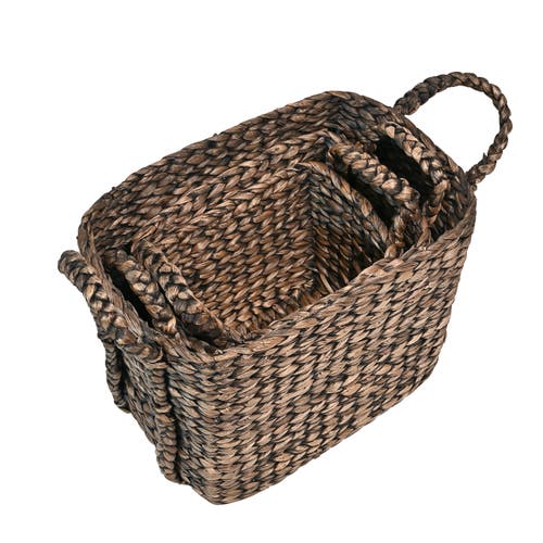 Happimess Clara Farmhouse Classic Handwoven Hyacinth Rectangle Storage Floor Baskets With Handles (set Of 3) In Brown