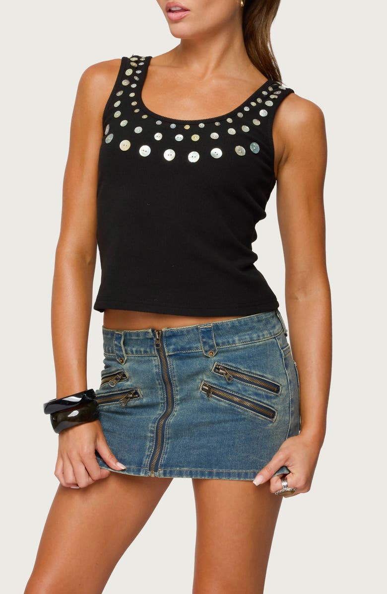 EDIKTED Beach Babe Pearly Button Tank, Main, color, Black-Washed