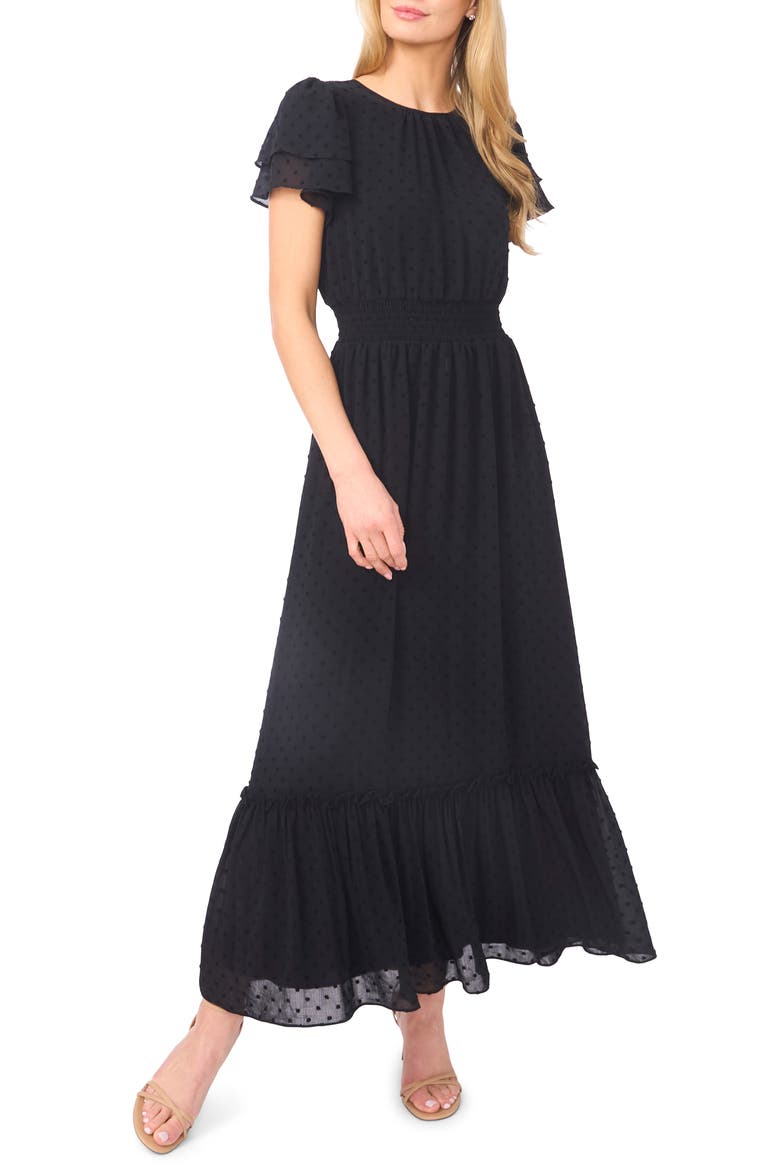 Flutter Sleeve Swiss Dot Chiffon Maxi Dress, Main, color, RICH BLACK