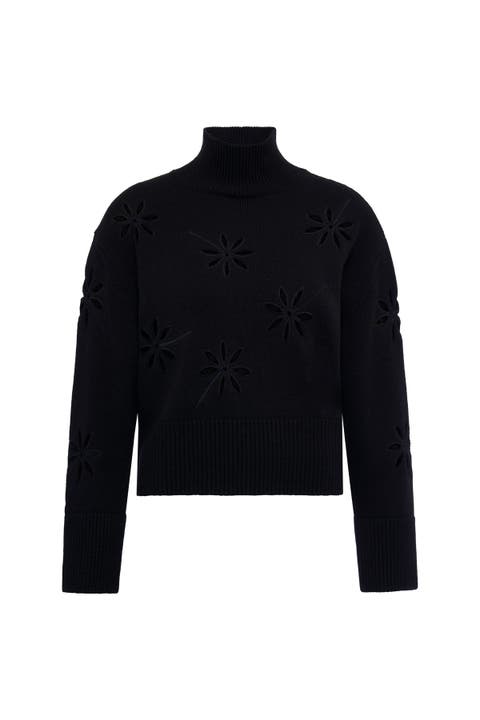 Turtle Neck Pullover With Eylet Embroidery