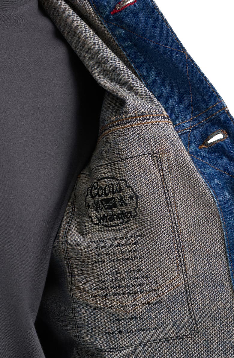 Wrangler Logo Patch Denim Trucker Jacket, Alternate, color, Indigo Buff