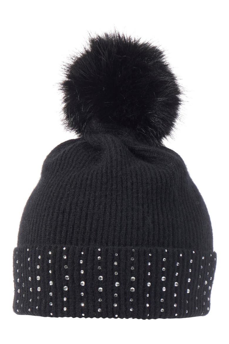 Faux Fur Pom Embellished Cashmere Knit Beanie, Main, color, BLACK