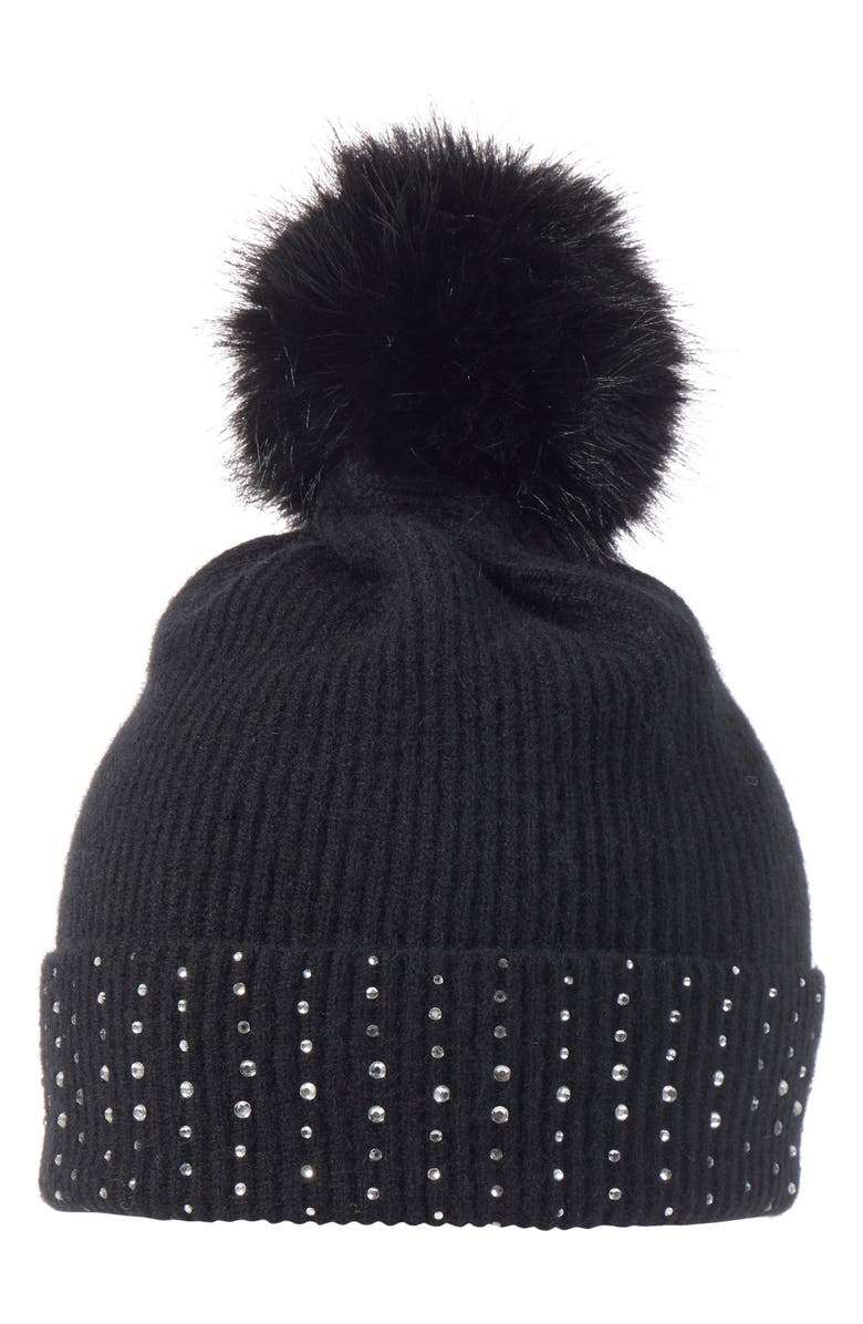 Sofia Cashmere Faux Fur Pom Embellished Cashmere Knit Beanie, Main, color, Black