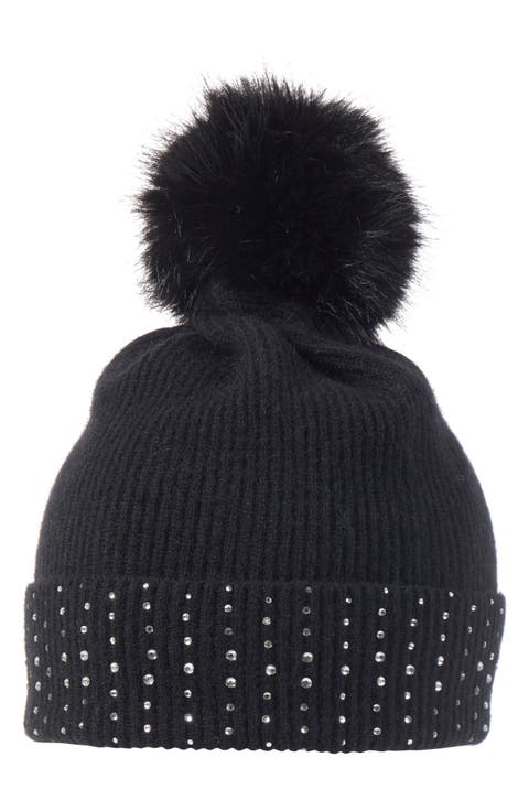 Faux Fur Pom Embellished Cashmere Knit Beanie