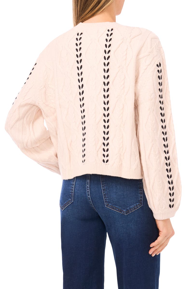 CeCe Ribbon Accent Cable Stitch Cardigan, Alternate, color, Snow Cream