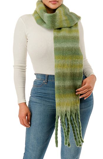 Marcus Adler Stripe Woven Fringe Scarf In Green
