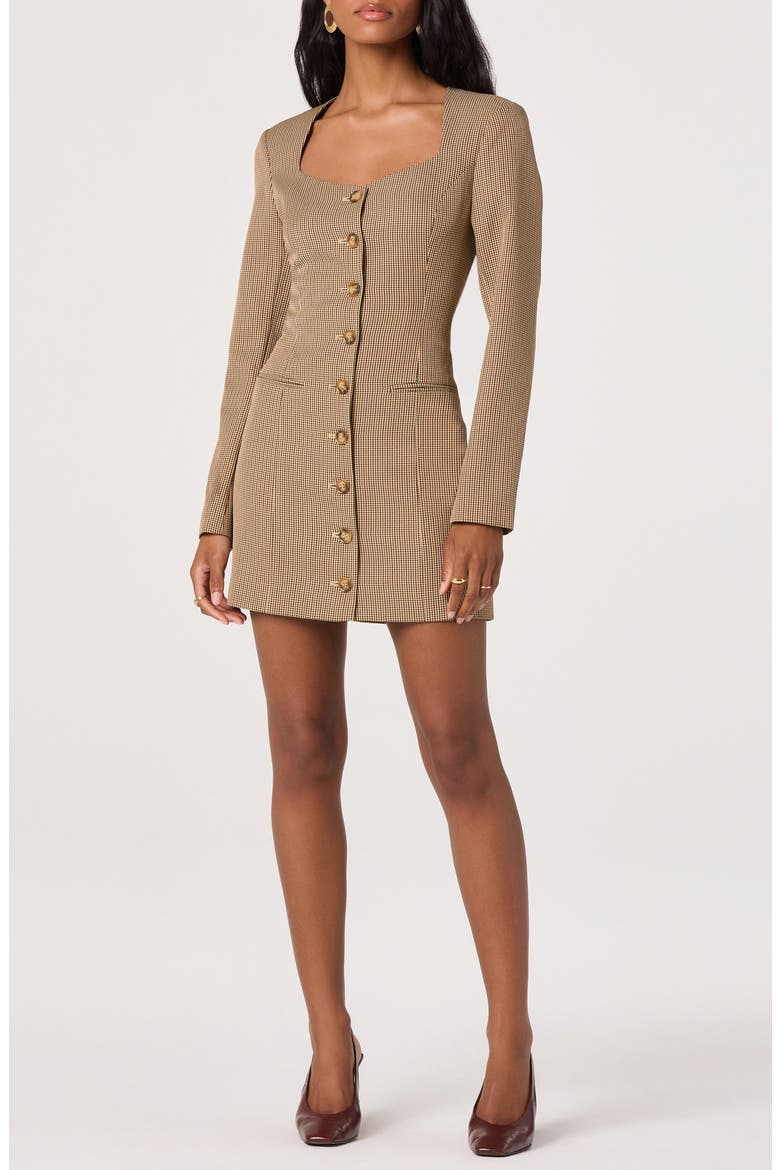 Houndstooth Long Sleeve Button-Up Minidress, Main, color, TAN HOUNDSTOOTH