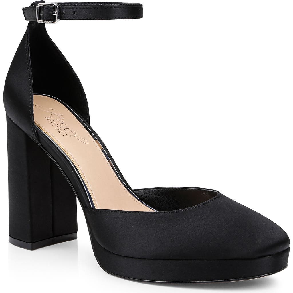 Jewel Badgley Mischka Stephanie Ankle Strap Platform Pump In Black Satin