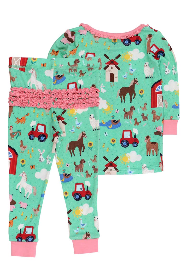 Ruffle Long Sleeve Pajama Set, Signature Rear Ruffles, Alternate, color, Farm Friends