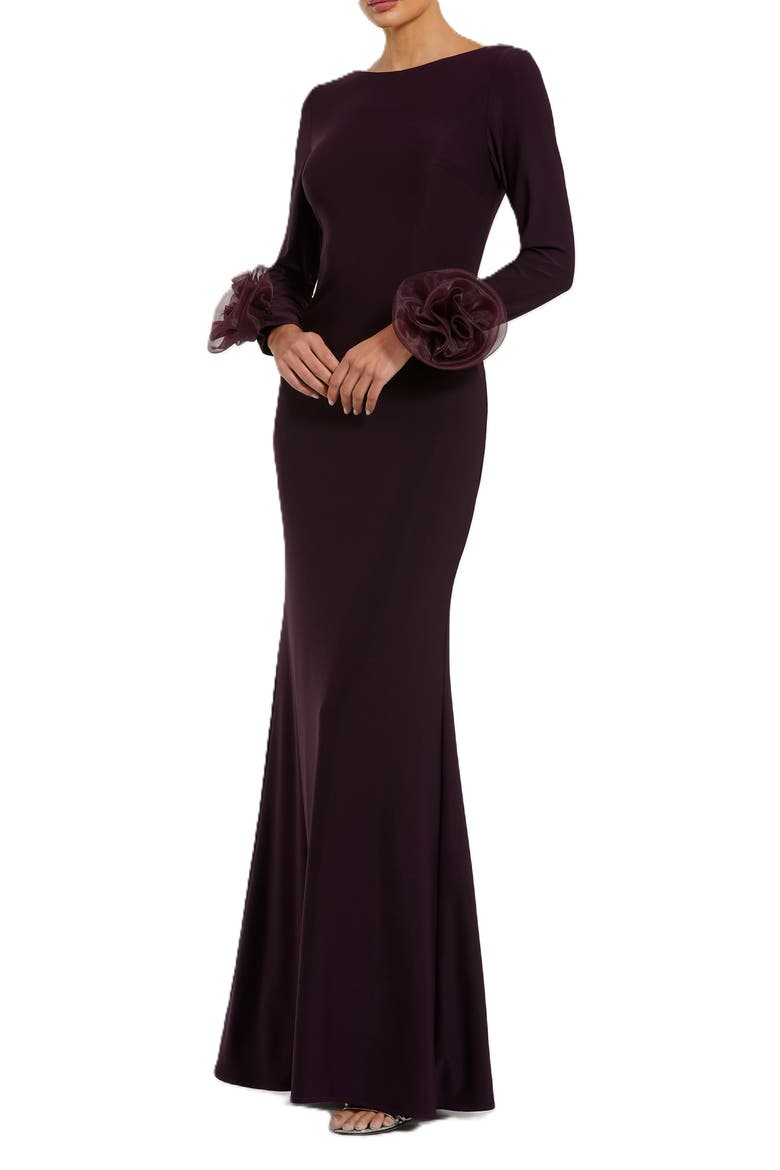 Long Sleeve Fitted Jersey Gown With 3d Flowers, Main, color, Amethyst