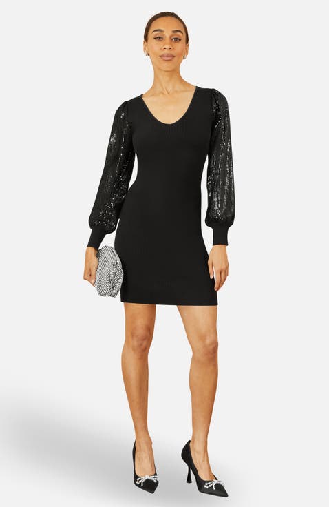 Knitted Fitted Dress With Sequin Sleeves