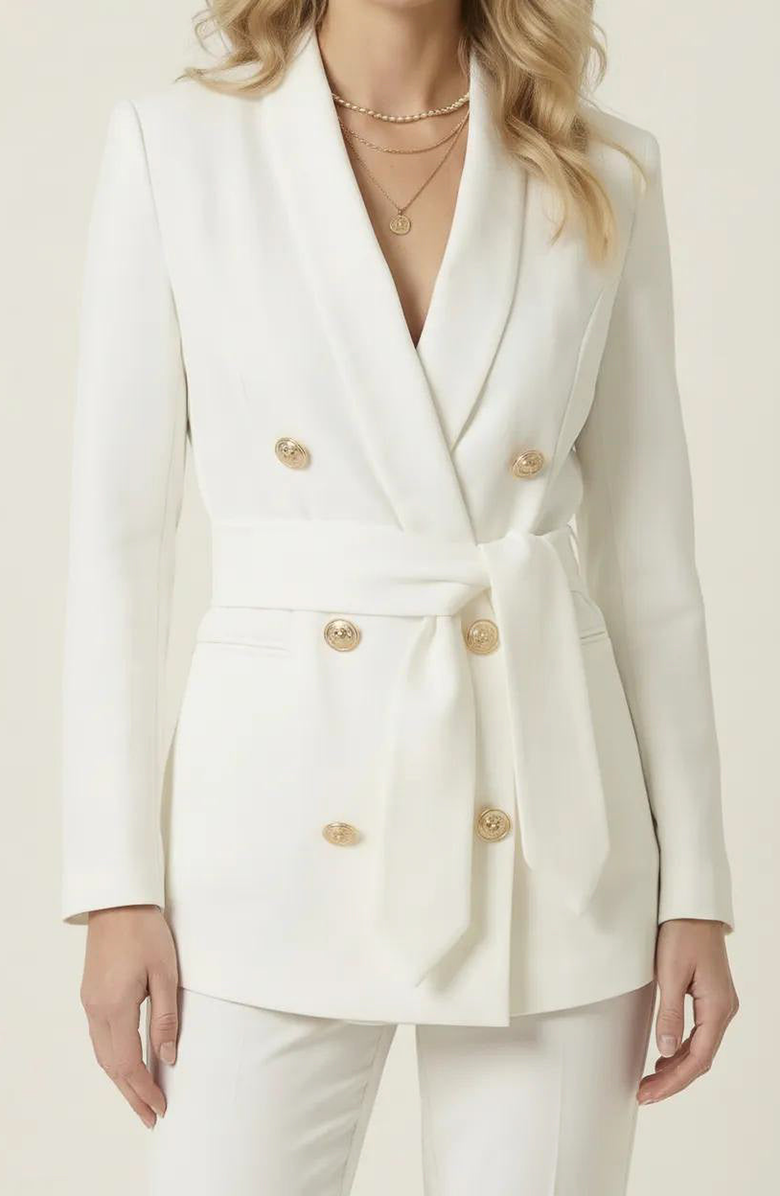 Modenaire Double Breasted Blazer with Buttons and Waist Tie Detail, Main, color, White