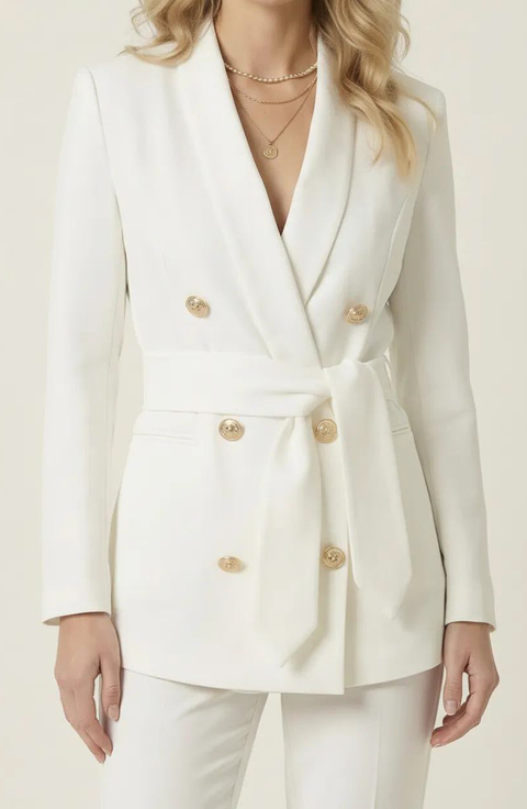 Double Breasted Blazer with Buttons and Waist Tie Detail