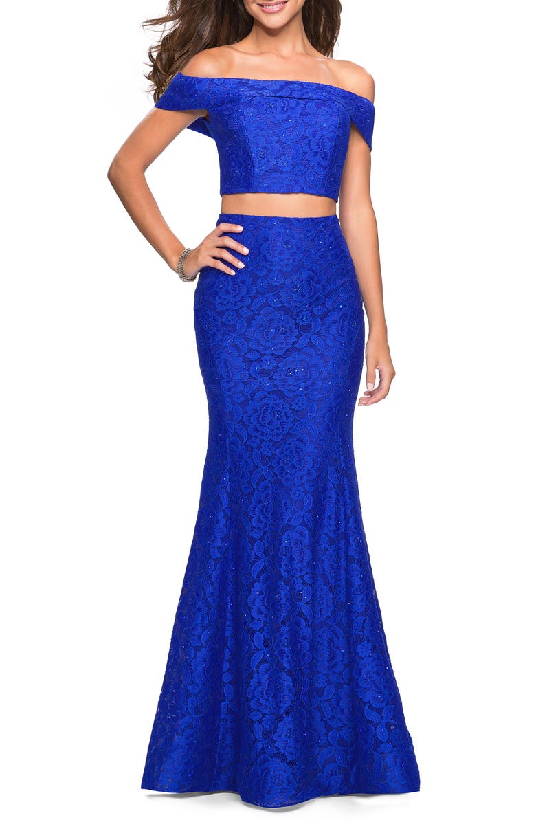 La Femme Stretch Lace Two-Piece Trumpet Gown, Main, color, 