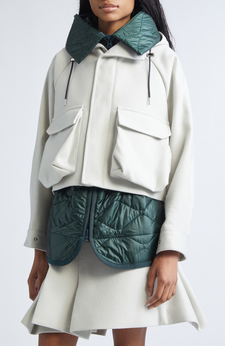 Sacai Mixed Media Blouson Jacket, Alternate, color, Ecru/ Green