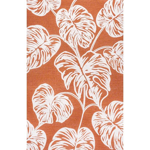 JONATHAN Y Tobago High-Low Two-Tone Monstera Leaf Indoor/Outdoor Area Rug in Orange/ivory 