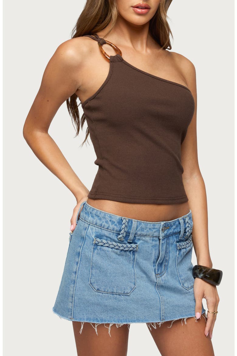 Calista O-Ring One-Shoulder Rib Crop Top, Alternate, color, BROWN