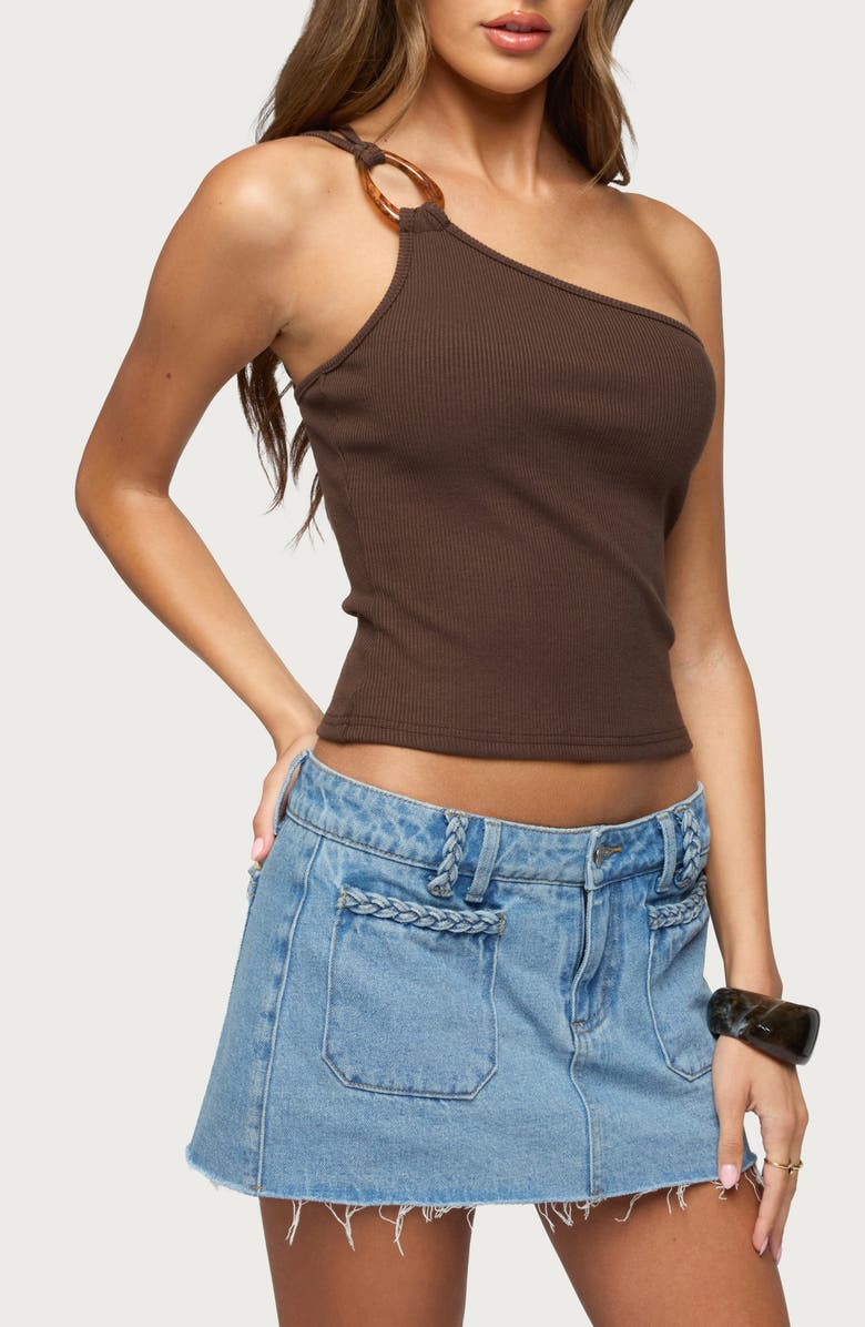 EDIKTED Calista O-Ring One-Shoulder Rib Crop Top, Alternate, color, Brown