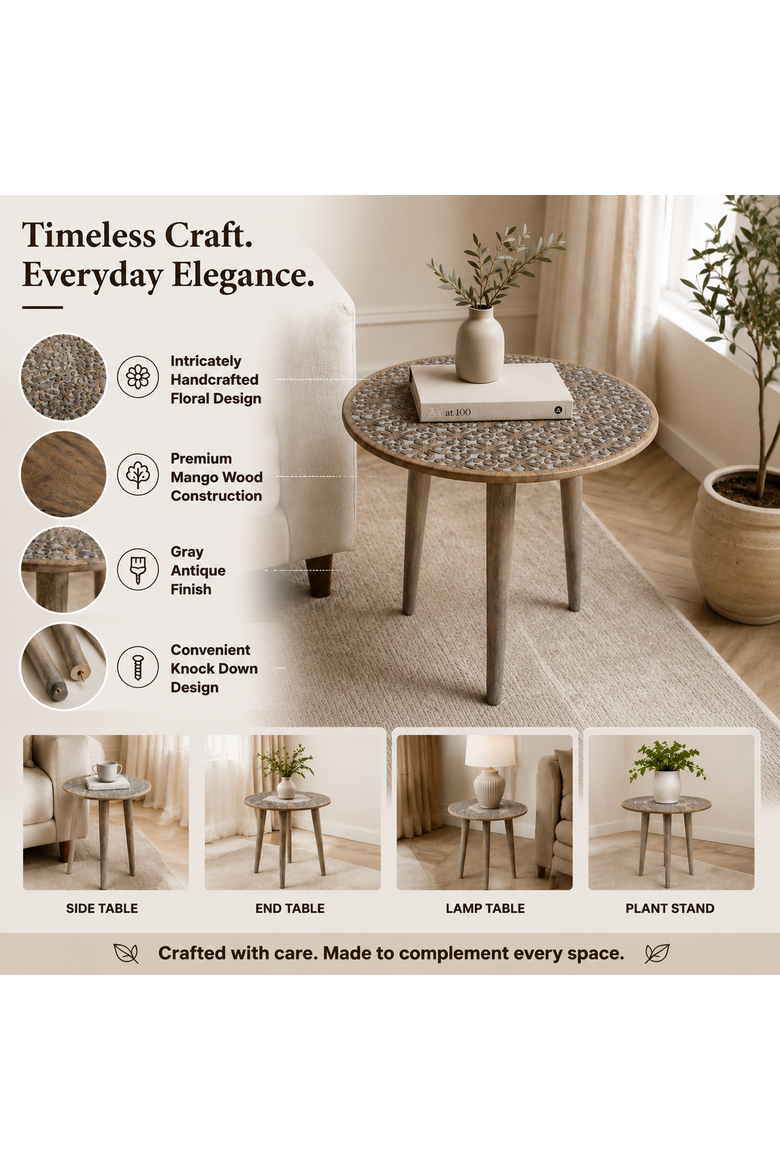 Handmade Mango Wood Round Accent Table, Knockdown, Alternate, color, Gray