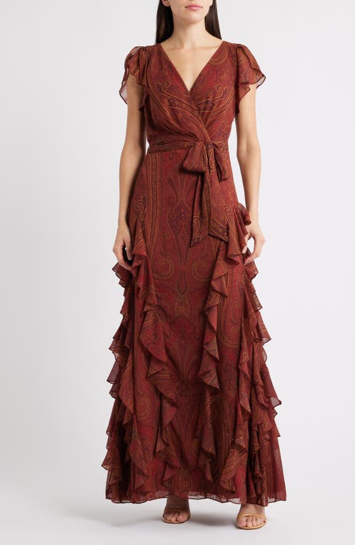 Ralph Lauren Lauren  Paisley Ruffle Trim Flutter Sleeve Gown In Brown