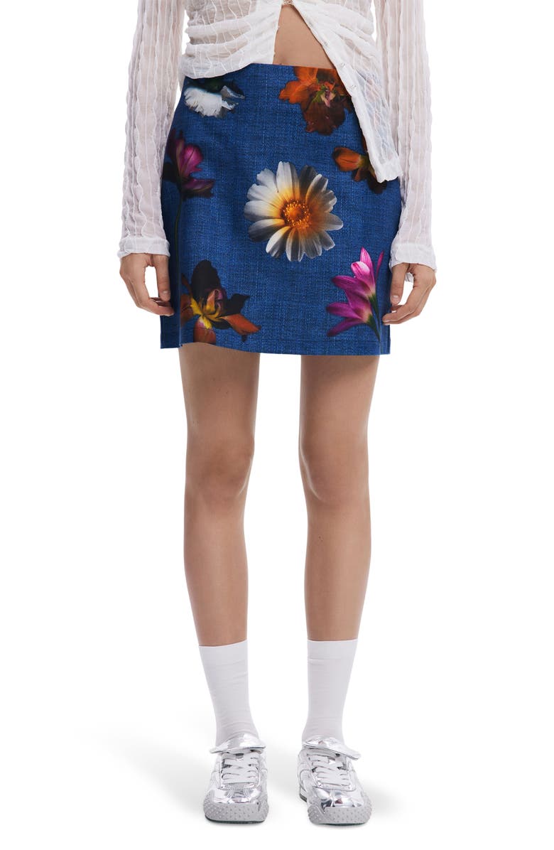 Desigual Floral Print Denim Miniskirt, Main, color, Dark Blue