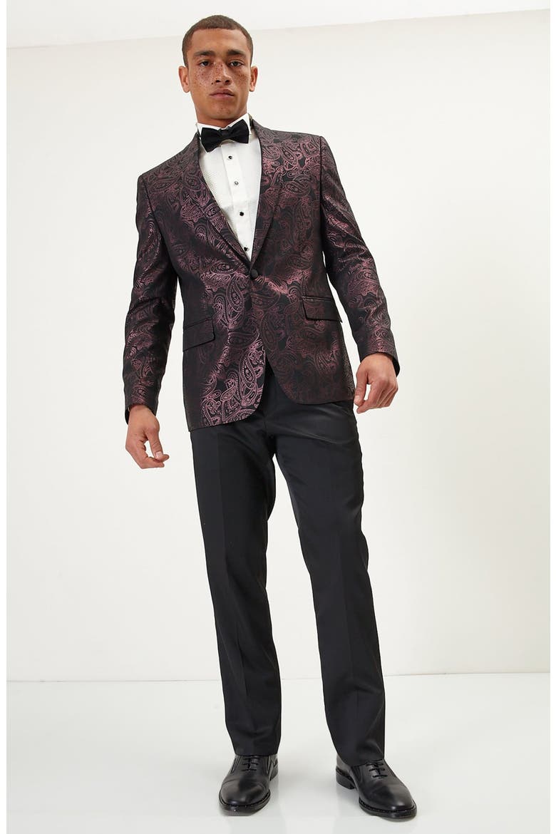 Metallic Paisley Pattern Tuxedo Jacket, Alternate, color, BURGUNDY