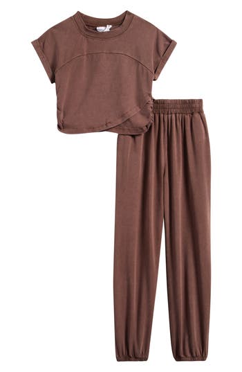 Tween Diva Kids' Washed Knit T-shirt & Joggers Set In Brown