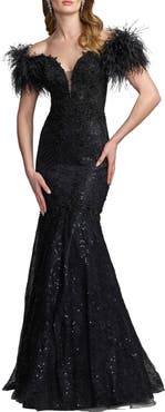 Mac Duggal Beaded Lace Mermaid Gown With Feathers