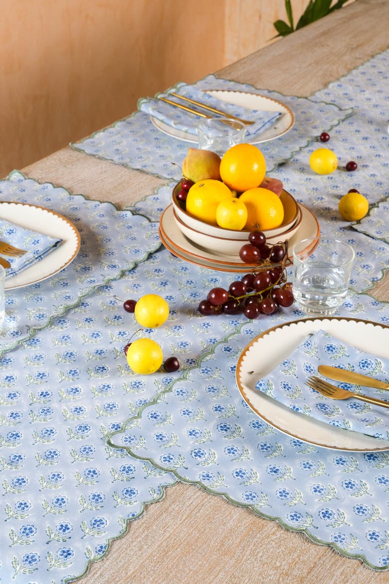 Mona Scallop Embroidered Blockprint Tablerunner, Alternate, color, Blue