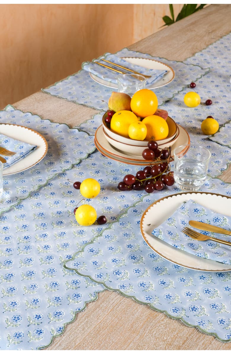 Inner Child Mona Scallop Embroidered Blockprint Tablerunner, Alternate, color, Blue